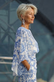 Abito Madre della Sposa Fodero Floreale Blu con maniche svasate