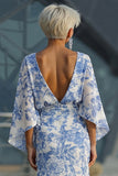 Abito Madre della Sposa Fodero Floreale Blu con maniche svasate