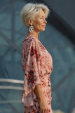 Abito Madre della Sposa a Rose Polverosa a Floreli a V Fodero Scollato a V con maniche svasate