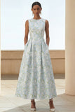 Fiore bianco blu Abito midi a collo rotondo con tasche
