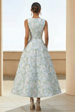 Fiore bianco blu Abito midi a collo rotondo con tasche
