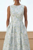 Fiore bianco blu Abito midi a collo rotondo con tasche