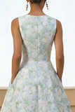 Fiore bianco blu Abito midi a collo rotondo con tasche