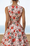 Abito midi a linea A con stampa rosa e rosso a collo tondo