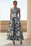Vestito Midi con stampa di fiori blu navy con tasche