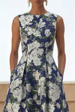 Vestito Midi con stampa di fiori blu navy con tasche