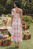 Abito Midi Bianco Monospalla con Stampa Fucsia Elegante per Party