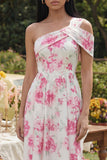 Abito Midi Bianco Monospalla con Stampa Fucsia Elegante per Party