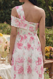 Abito Midi Bianco Monospalla con Stampa Fucsia Elegante per Party