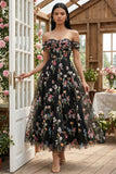 Abito Midi in Tulle Nero con Corsetto Floreale Spalle Scoperte A-Line