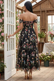 Abito Midi in Tulle Nero con Corsetto Floreale Spalle Scoperte A-Line