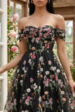 Abito Midi in Tulle Nero con Corsetto Floreale Spalle Scoperte A-Line