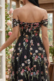 Abito Midi in Tulle Nero con Corsetto Floreale Spalle Scoperte A-Line