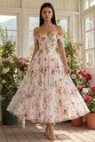 Abito Midi in Tulle Nero con Corsetto Floreale Spalle Scoperte A-Line