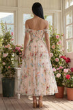 Abito Midi in Tulle Nero con Corsetto Floreale Spalle Scoperte A-Line