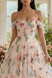 Abito Midi in Tulle Nero con Corsetto Floreale Spalle Scoperte A-Line