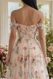 Abito Midi in Tulle Nero con Corsetto Floreale Spalle Scoperte A-Line