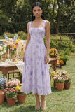 Abito Midi in chiffon a linea quadrata stampato lilla