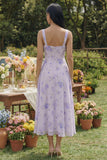 Abito Midi in chiffon a linea quadrata stampato lilla