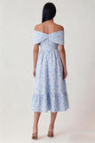 Corsetto blu Jacquard a spalle scoperte Un abito midi in linea con volant