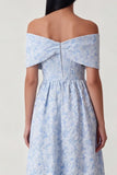 Corsetto blu Jacquard a spalle scoperte Un abito midi in linea con volant