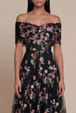 Abito midi in tulle con applique scoperte nere