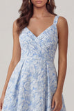 Abito Elegante Blu in Jacquard A-Line con Scollo a V Arricciato