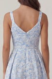 Abito Elegante Blu in Jacquard A-Line con Scollo a V Arricciato