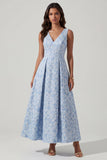 Abito Blu in Jacquard A-Line con Scollo a V e Arriccio Elegante