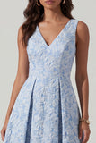 Abito Blu in Jacquard A-Line con Scollo a V e Arriccio Elegante