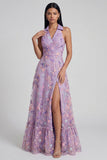 Abito midi senza maniche floreale lilla con scollo a V e spacco laterale elegante