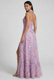 Abito midi senza maniche floreale lilla con scollo a V e spacco laterale elegante