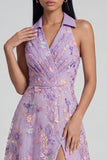 Abito midi senza maniche floreale lilla con scollo a V e spacco laterale elegante