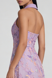 Abito midi senza maniche floreale lilla con scollo a V e spacco laterale elegante