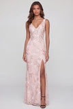 Abito midi rosa scintillante con scollo a V con fessura