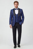 Completi da ballo Jacquard da uomo blu a 3 pezzi con uno scialle e un bottone