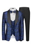 Completi da ballo Jacquard da uomo blu a 3 pezzi con uno scialle e un bottone