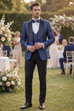 Completi da ballo Jacquard da uomo blu a 3 pezzi con uno scialle e un bottone