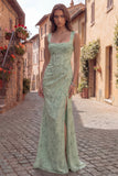 Vestito da cerimonia a sacco a fiori di salvia polverosa con scollo quadrato