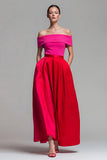 Fucsia a spalla scoperta e rosso Abito formale Midi a Color Block