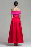 Fucsia a spalla scoperta e rosso Abito formale Midi a Color Block