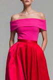 Fucsia a spalla scoperta e rosso Abito formale Midi a Color Block