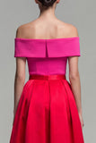 Fucsia a spalla scoperta e rosso Abito formale Midi a Color Block
