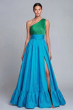 Vestito formale a una spalla verde e blu A Line con fessura