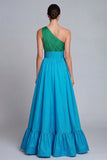 Vestito formale a una spalla verde e blu A Line con fessura