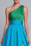 Vestito formale a una spalla verde e blu A Line con fessura