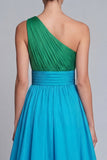 Vestito formale a una spalla verde e blu A Line con fessura