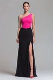 Fucsia e Vestito Elegante Lungo a Seretta con Corsetto Unispalla e Fessura