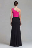 Fucsia e Vestito Elegante Lungo a Seretta con Corsetto Unispalla e Fessura