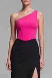 Fucsia e Vestito Elegante Lungo a Seretta con Corsetto Unispalla e Fessura